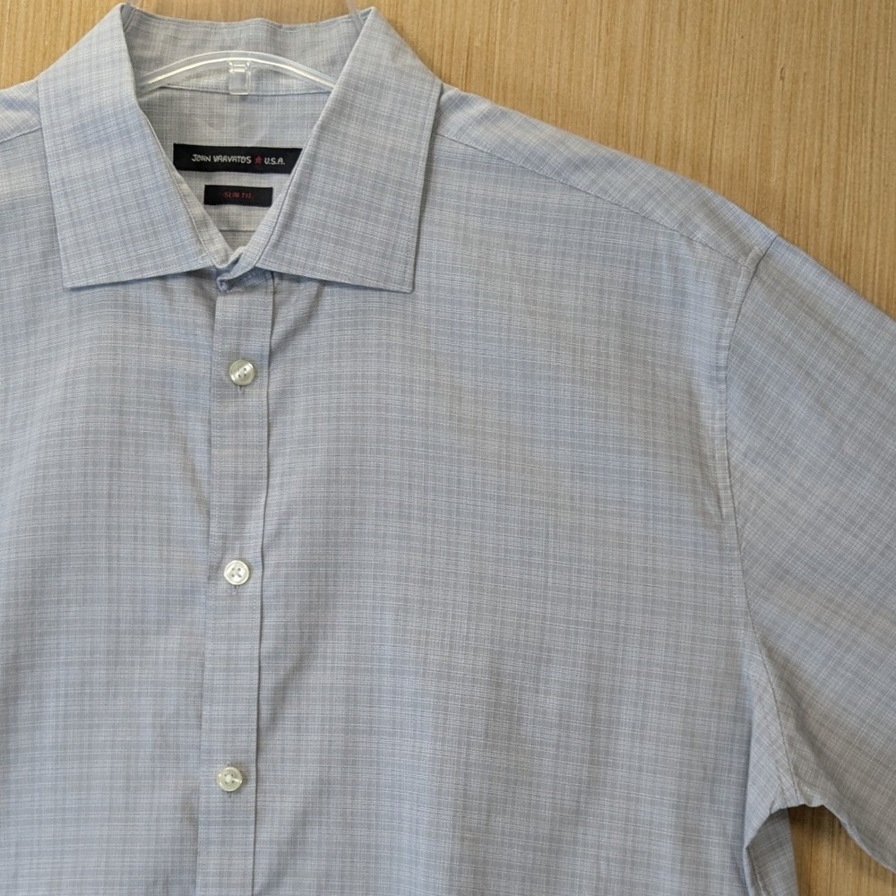 John Varvatos USA Mens Slim Fit Dress Shirt Blue Grey Check 16.5 34/35 Cotton